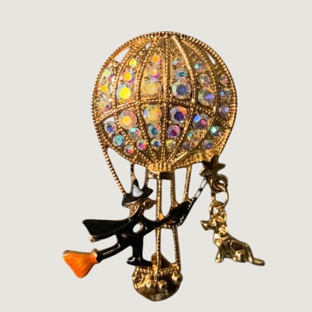 Gold Hot Air Balloon Witch Brooch and her Little Dog Too